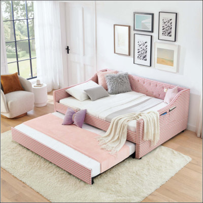 Lit de jour, lit de jour convertible rembourré avec dossier capitonné, canapé-lit polyvalent 3 en 1 avec lit gigogne escamotable et rangement latéral, parfait pour une vie compacte