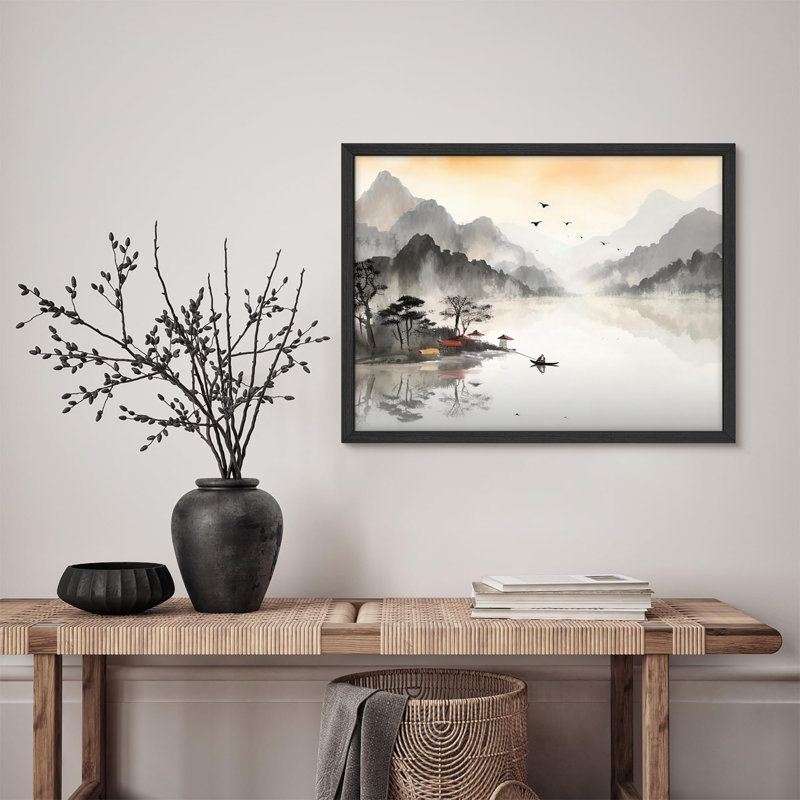 «Serene Mountain Lake with Mist and Birds in Asian Landscape Illustration», affiche encadrée rustique, H 11 po x l 14 po