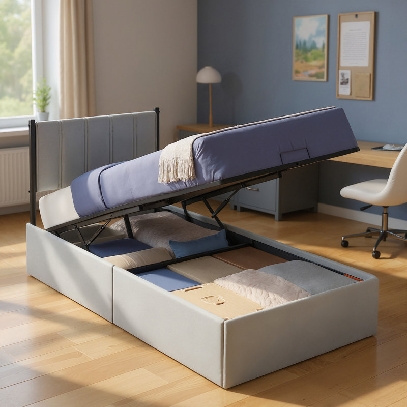 Lift Up Storage Bed Frame,Hydraulic Platform,with Headboard,1100 lb Weight Capacity, Dove Gray, Twin