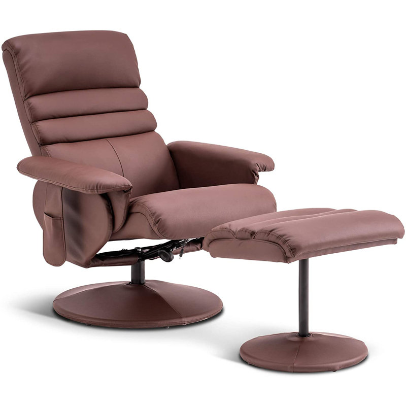 Airanna Recliner with Ottoman, Reclining Chair with Massage, 360 Swivel Chair,  Faux Leather, Brown Faux Leather