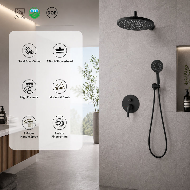 12 Inch Rainfall Shower System with Brass Valve - 2 Function (Top/Hand) & 3 Modes Handheld Shower (High Pressure)