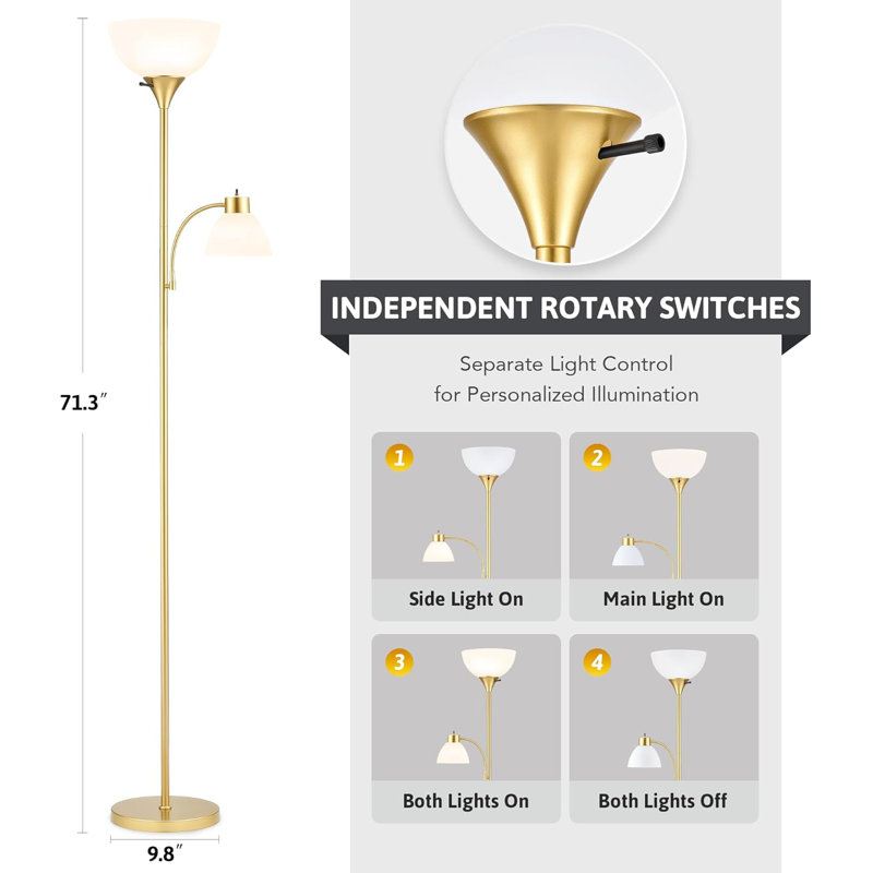 Lampe sur pied moderne 71 po VONLUCE avec lumières de lecture réglables - 3 températures de couleur, 2 ampoules à interrupteur rotatif, or