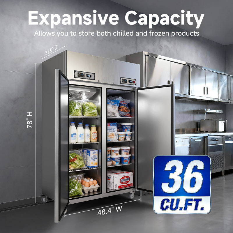 Veecool Commercial Refrigerator Freezer Combo Wifi Enabled With Smart App Control, 48" W 36 Cu.ft Dual Temperature Stainless Steel Upright Fridge And Freezer Combo For Restaurant, Garage, Kitchen