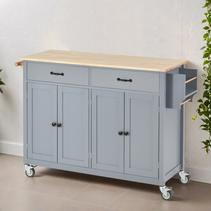 54.34" Rolling Mobile Kitchen Island with Solid Wood Top and Locking Wheels, Storage Cabinet and Drop Leaf Top, Spice Rack, Towel Rack for Kitchen