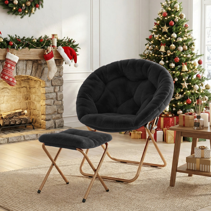 Upholstered Saucer Chair With Ottoman, Folding Papasan Chair Soft Faux Fur Accent Chair For Living Room Bedroom, Black 