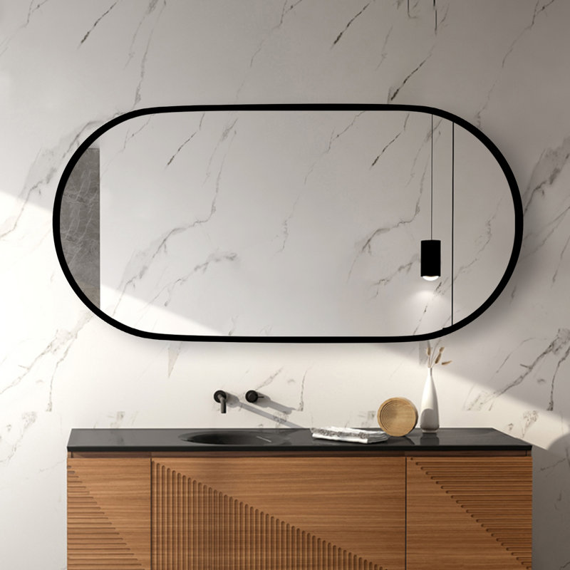 Miroir de salle de bain ovale à suspendre verticalement et horizontalement Ahupendra, Noir mat