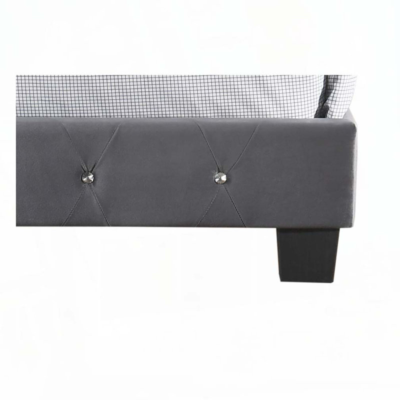 Lit rembourré en velours avec tête de lit capitonnée, Gris, Lit simple