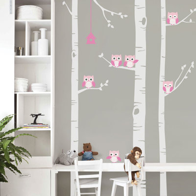 Décalcomanie murale arbre bouleau avec owls