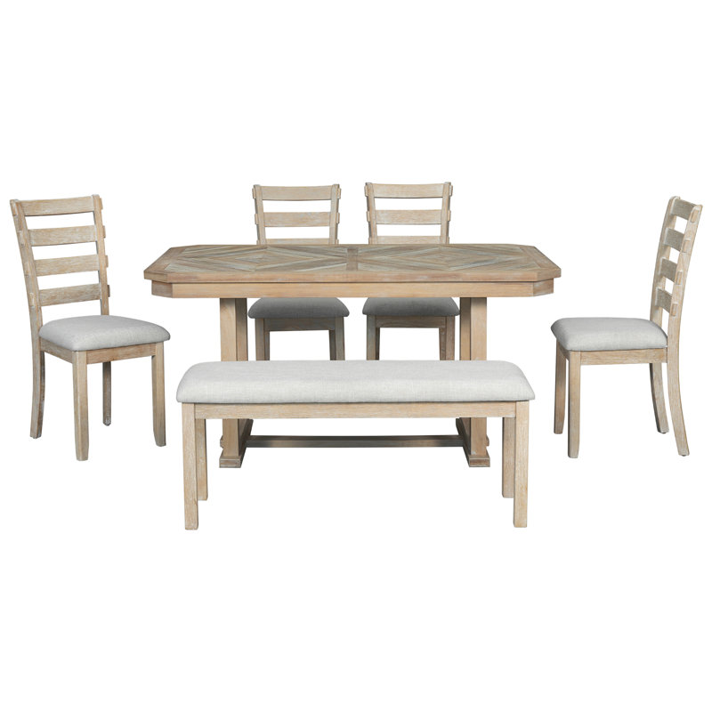 6-Piece Rubber Wood Dining Table Set With Beautiful Wood Grain Pattern Tabletop Solid Wood Veneer And Soft Cushion, Natural