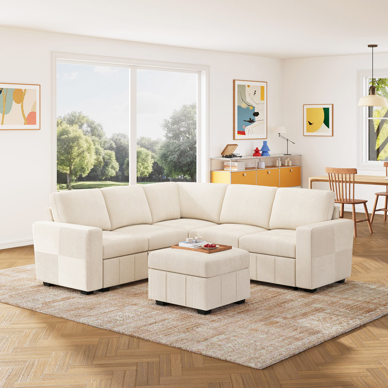 Canapé-lit modulaire avec repose-pieds Abramson, Velours côtelé beige