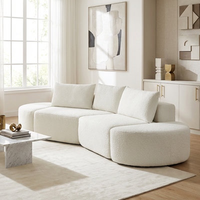 Ensemble de canapé modulaire à gauche en forme de V de 106,3 pouces en chenille avec trois coussins décoratifs et deux repose-pieds courbés, beige