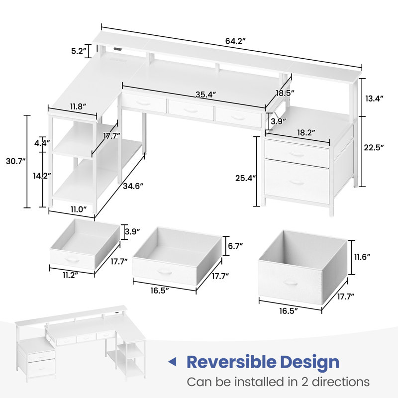 L Shaped Desk with File Drawer and Monitor Stand, Home Office Desk with Power Outlets & LED Lights, White