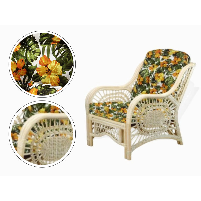 Floral Upholstered White Wash Rattan Lounge Set with Glass Coffee Table