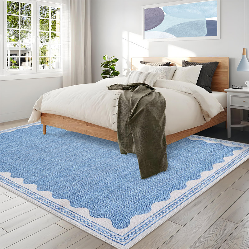 Scalloped Machine Washable Rug Modern Solid Floor Mats with Non-Slip Backing, Stain-Resistant Low Pile Accent Rug, Contemporary Indoor Carpet for Living Room, Bedroom, Office