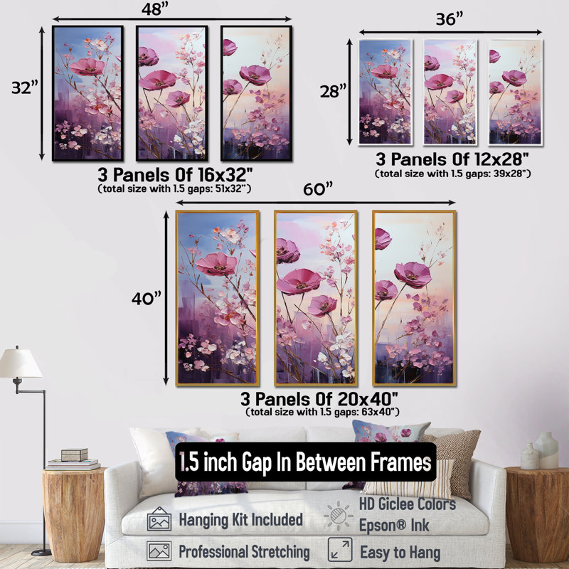«Violet Flower Meadow Harmony II», ensemble d'art sur toile, H 40 po x l 60 po x P 1 po, Cadre flottant blanc