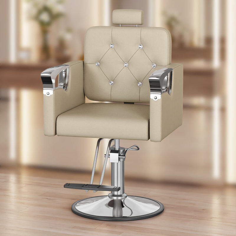 Barber Chair For Hair Stylists, Hydraulic Styling Chair With Heavy Duty Pump, 360° Swivel Barber Chairs With Reclining, Adjustable Headrest, Beauty Salon Equipment, 330 Lbs (Beige-Silver)