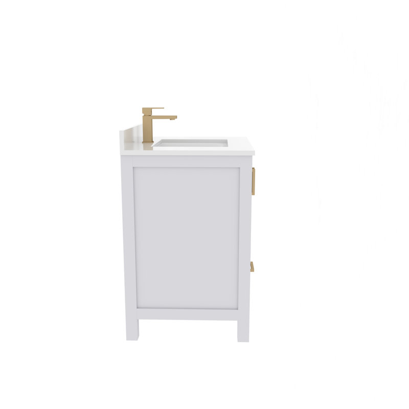 Meuble-lavabo simple 30 po avec plateau en quartz blanc Rooh, Blanc, Or brossé