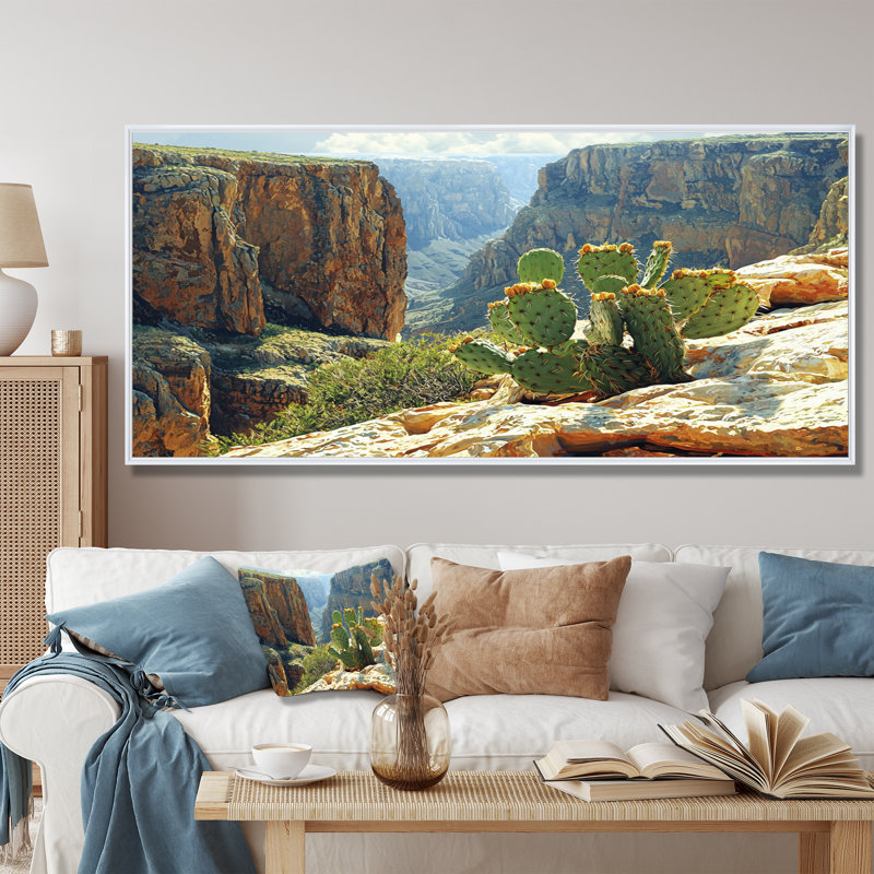 Marithza Arizona Cactus At The Canyons Edge I - art mural de cactus pour le salon, H 28 po x l 60 po, Cadre flottant, Blanc