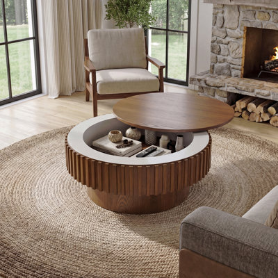 31.5 Inch Round Fluted Drum Coffee Table With Removable Lid Hidden Storage, Solid Wood Ribbed Cocktail Table, Farmhouse Walnut Finish Center Table For Living Room