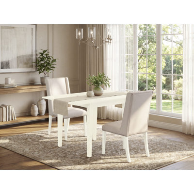 L'ensemble 3 pièces de table et chaises de cuisine contient une table de salle à manger rectangulaire avec Dropleaf et 2 chaises Parson en tissu crème, lin blanc