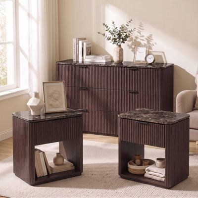 3-piece Fluted Bedroom Set, 1.97" Thick Panels & Faux Marble Top, 6-Drawer Dresser And 2 Nightstands, Round Corner