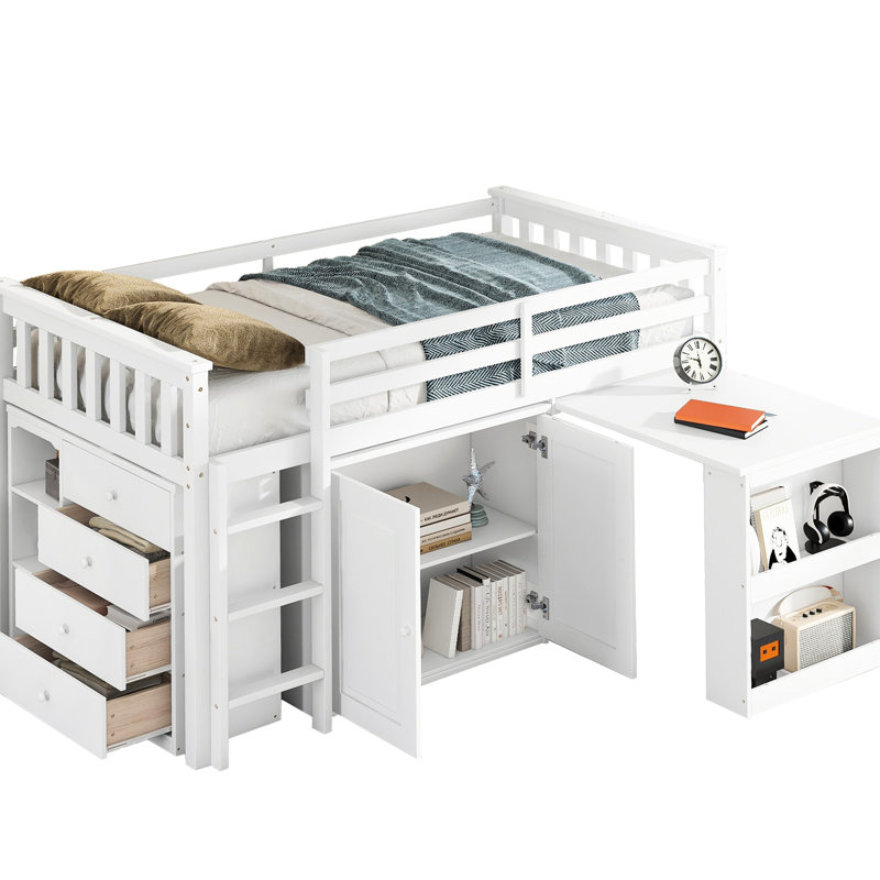 Lit mezzanine simple avec extérieur blanc et espace de rangement - Armoire, tiroir, tablette, coffre-fort de bureau escamotable multifonctionnel