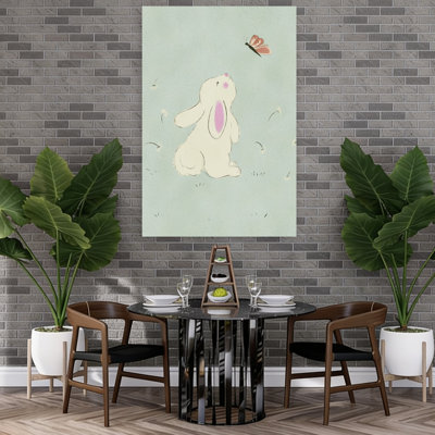 «Curious Bunny and Butterfly Delicate Peaceful Whimsical Butterfly Dandelion Rabbit Nature Spring», art mural