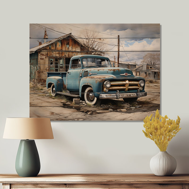 Camionnette bleue, bord de route, nostalgie sur bois, H 10 po x l 20 po x P 0,78 po