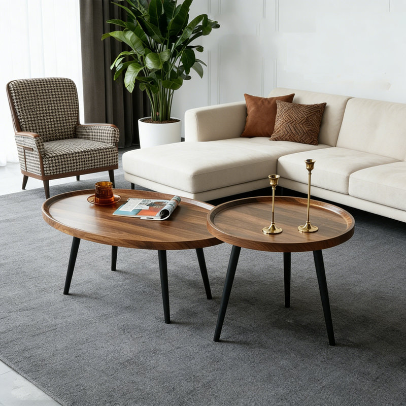Ensemble de 2 tables basses rondes gigognes, table de bout avec plateau en bois et pieds en acier, tables d'appoint modernes pour le salon, la chambre à coucher, le balcon et les petits espaces