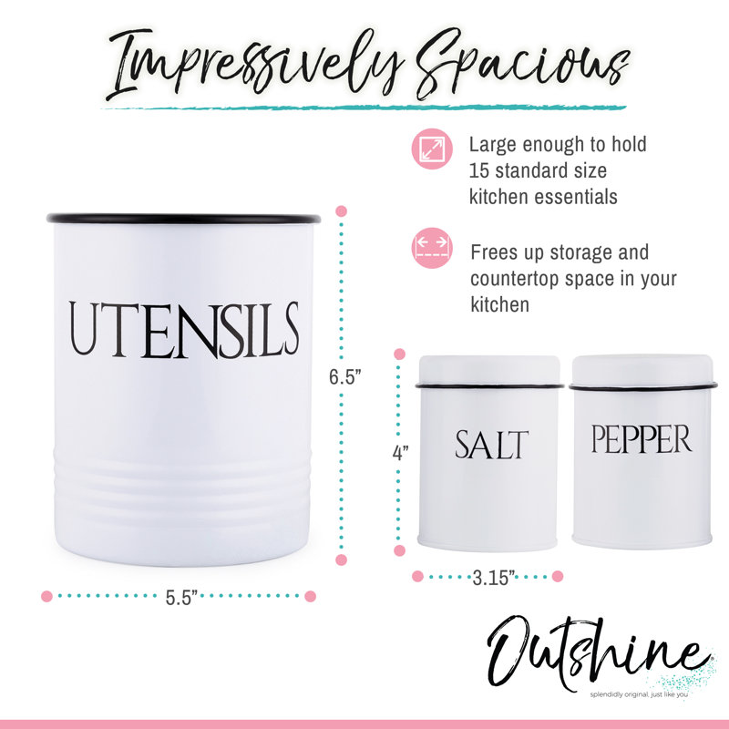 Grand porte-ustensiles de cuisine Outshine et décor de ferme avec salières et poivrières assorties, blanc | Porte-ustensiles de cuisine chic en acier au carbone avec finition en émail résistant à la rouille | Cadeau parfait pour les femmes, l'épous