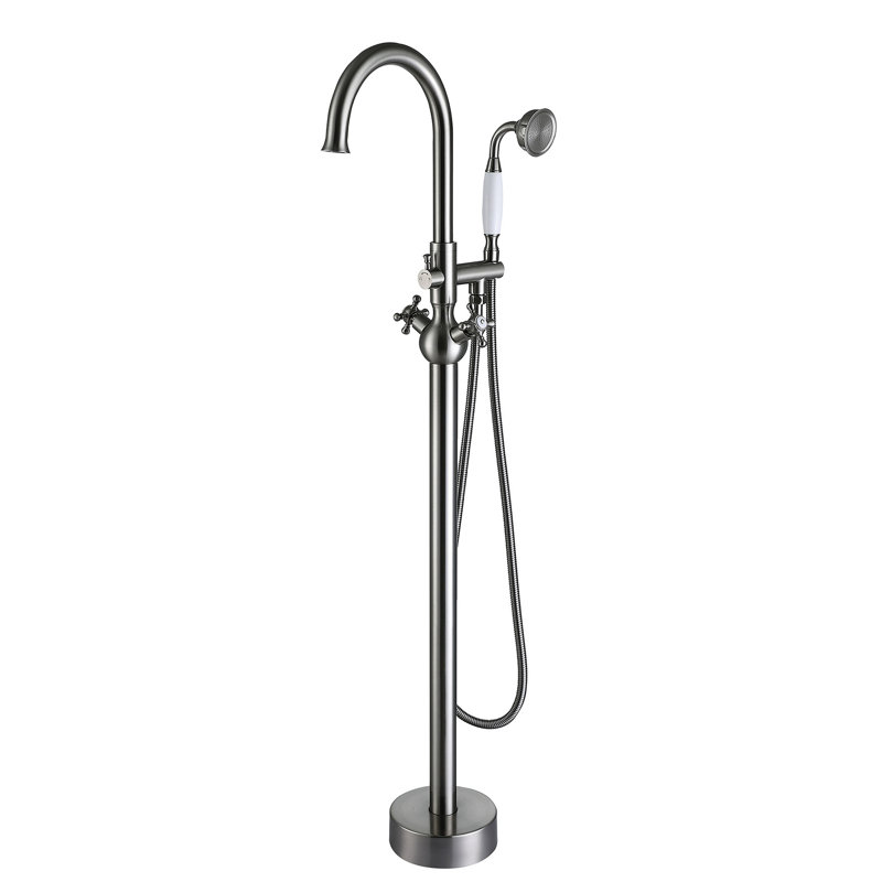 Robinet de baignoire autoportant avec douche à main - Fabrication en métal, nickel massif brossé pour salle de bain, glamour