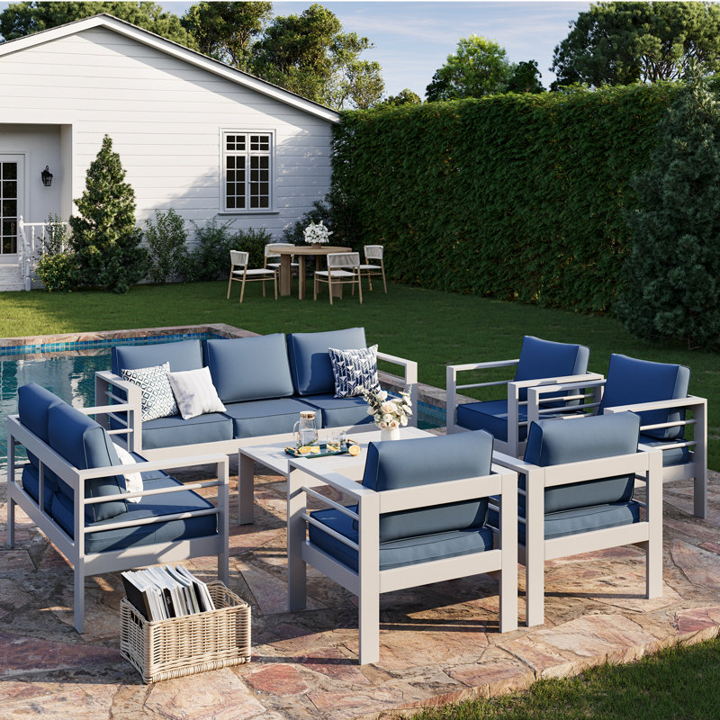 9 - Person Complete Patio Set With Cushions, Blue, White