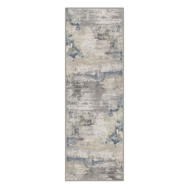 Mignone Abstract Watercolor Wash Machine Washable Dusty Azure Indoor Area Rug With Non-Slip Backing, Runner 2'6" x 8'