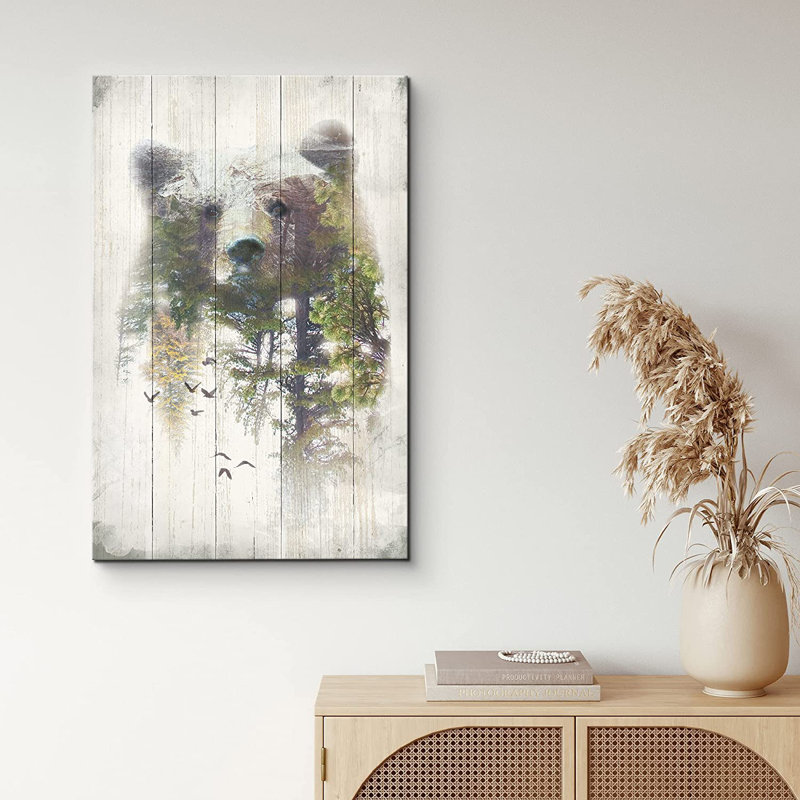 IDÉE4WALL, reproduction d'art sur toile, double exposition, ours et forêt, arbres, animaux, nature sauvage, technique mixte, art moderne, portrait rustique, chaleureux pour le salon, la chambre à coucher et le bureau