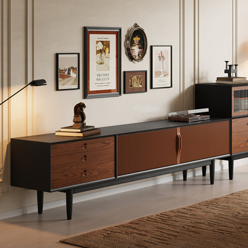 Meuble télé avec rangement en bois massif de style français, H 23,6 po x L 86,6 po x l 15,7 po, Marron foncé