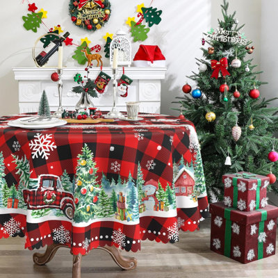 Round Christmas Tablecloth - Christmas Decorations For Home - Water Resistant  Truck Xmas Holiday Buffalo Plaid Xmas Decor For Table, Party,Kitchen