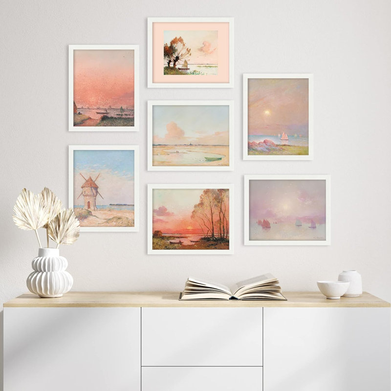 «Pastel Watercolor Beach Ocean Landscape», reproduction géométrique abstraite encadrée sur papier, 7 pièces, Cadre blanc
