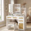 Meuble-lavabo en rotin avec miroir à DEL ouvert, 3 lumières colorées, 4 tiroirs, armoire et tablettes pour la chambre à coucher