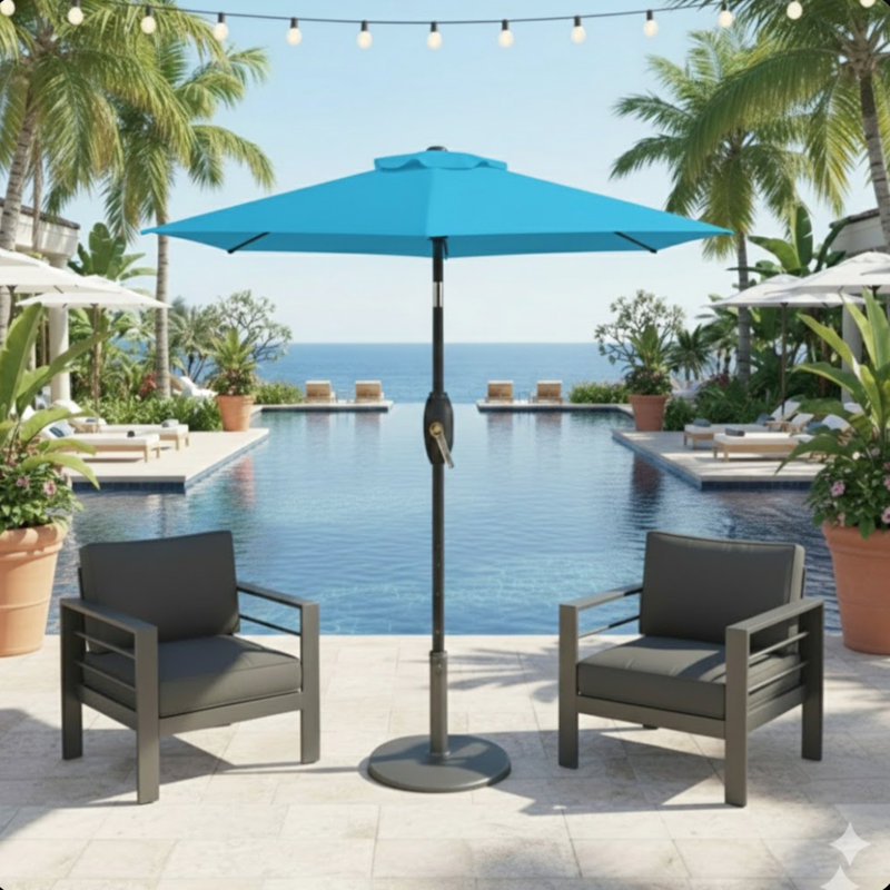 Parasol de marché bleu de 2,3 m (7,5 pieds) avec système d'aération et mât antirouille, pour terrasse ou patio, système de levage à manivelle, usage extérieur.