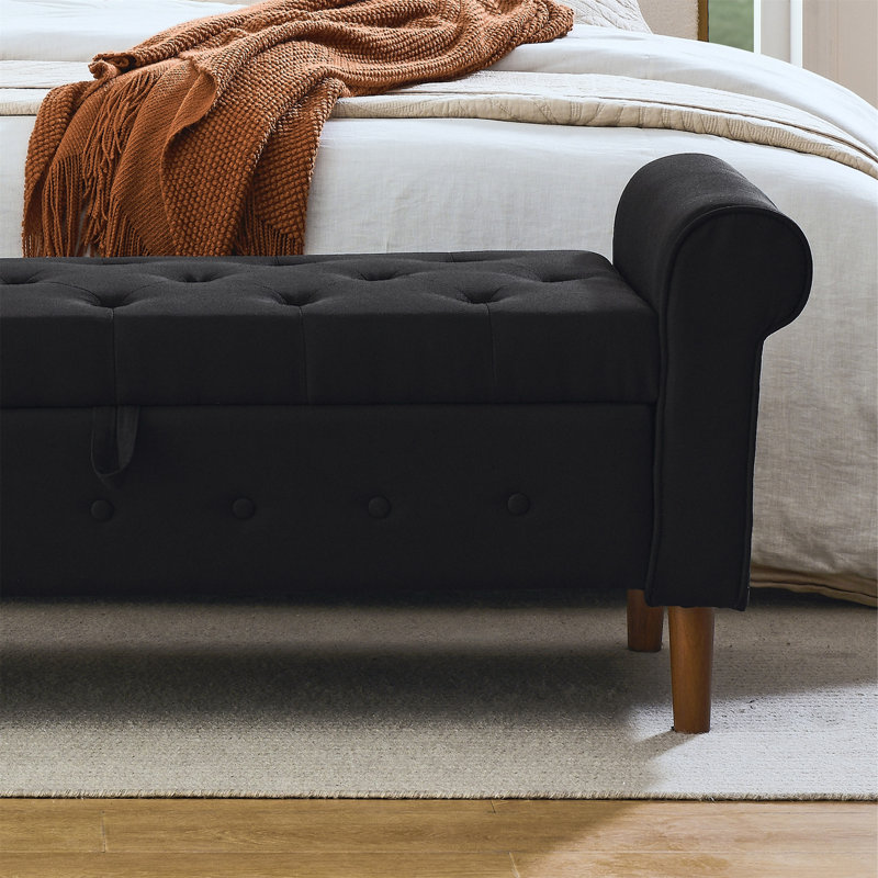 Tufted Button Storage Bench, Fabric Upholstered Ottoman, Window Bench, Rolled Arm Design