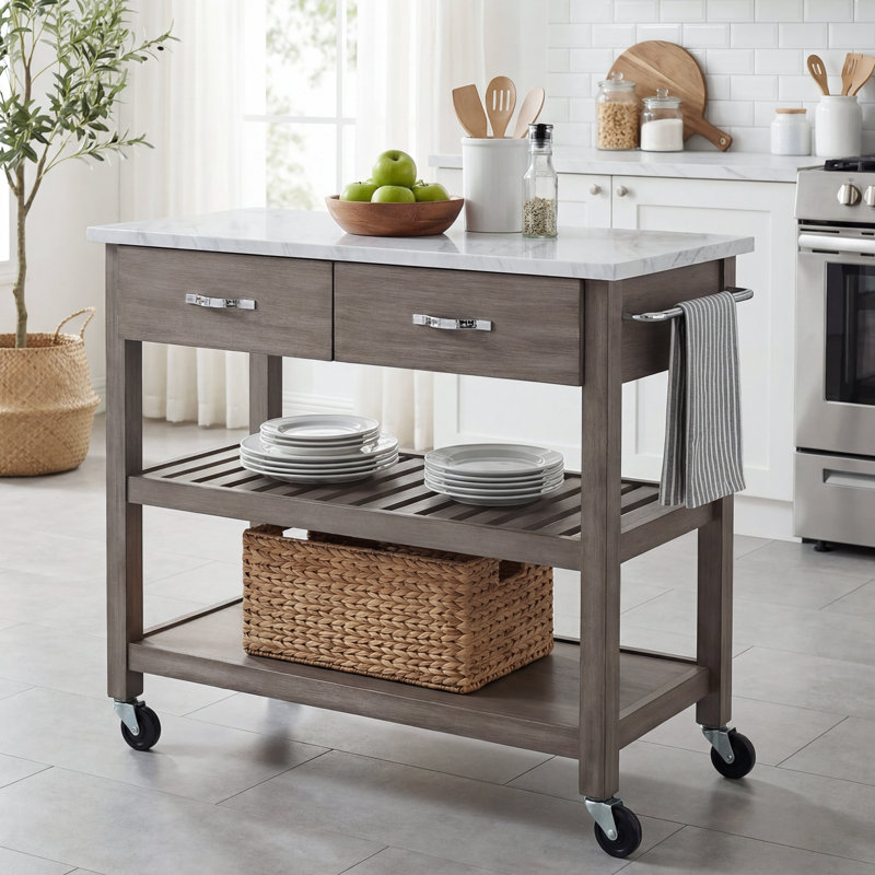Delicia Kitchen Cart with Gray Base, Faux Marble