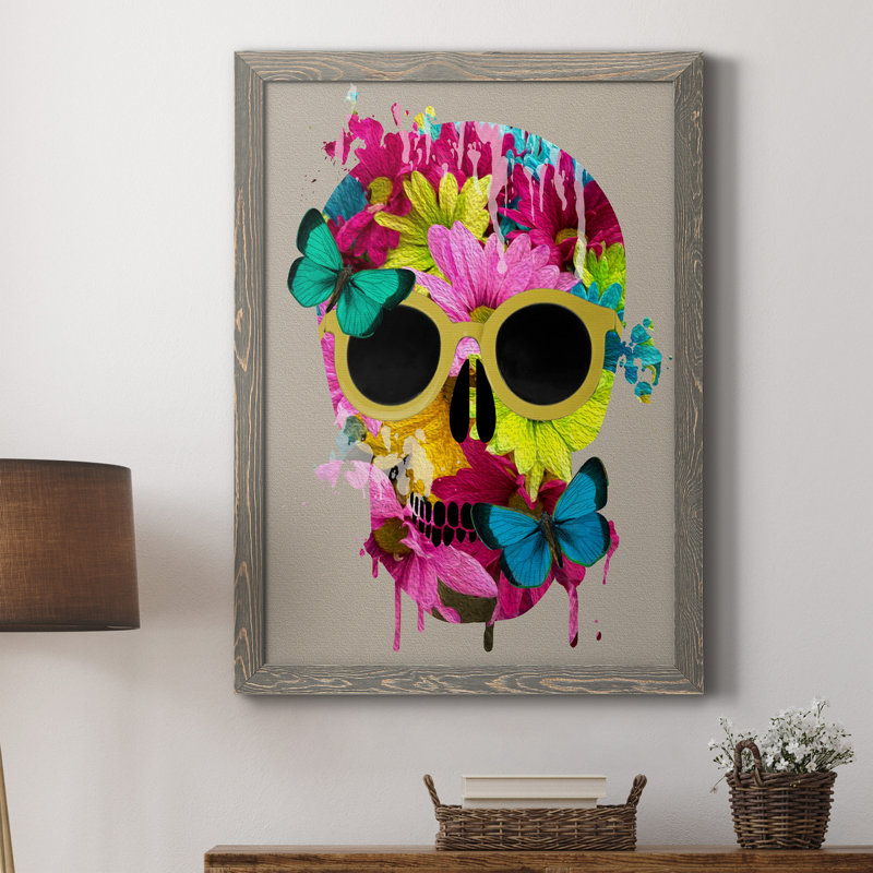 Crâne floral - peinture sur toile encadrée, H 20 po x l 17 po x P 1 po, Gris