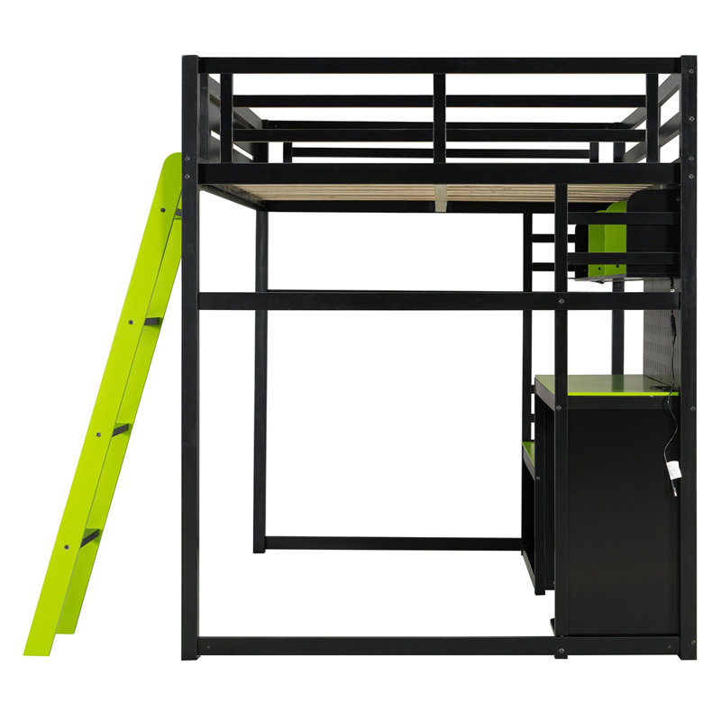 Lit mezzanine en bois pleine grandeur avec bureau, tablettes, lumières DEL, ports USB et panneau perforé, Noir/vert