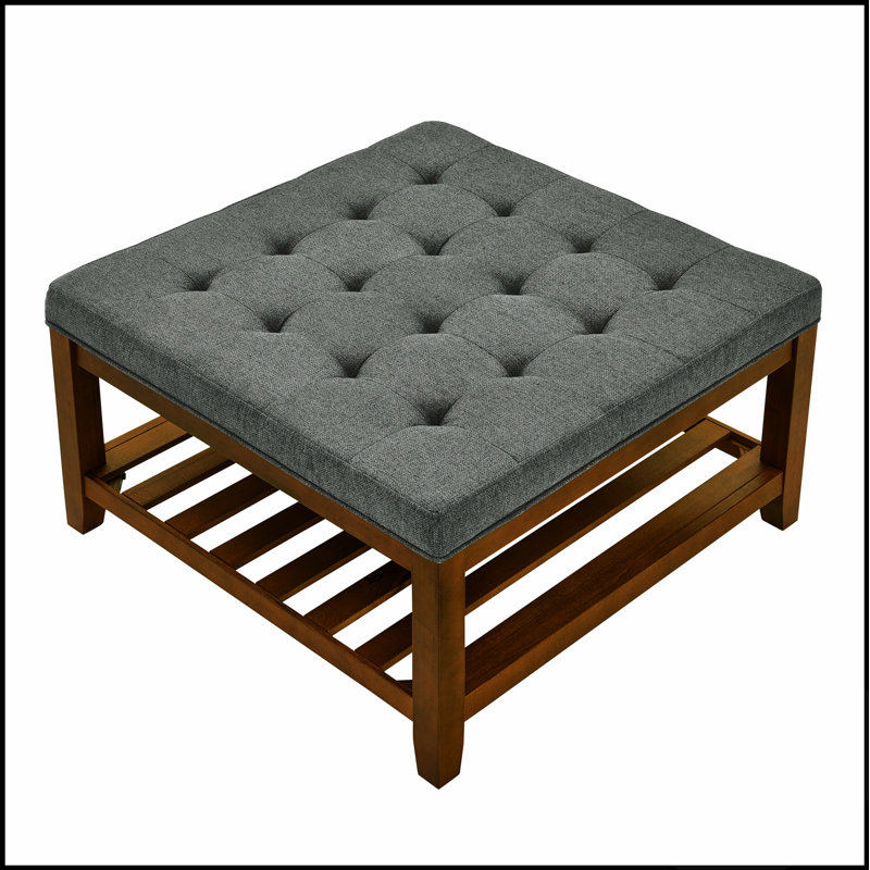 Table basse capitonnée en lin, grand pouf carré avec étagère et cadre en bois de hêtre, repose-pieds surdimensionné pour salon