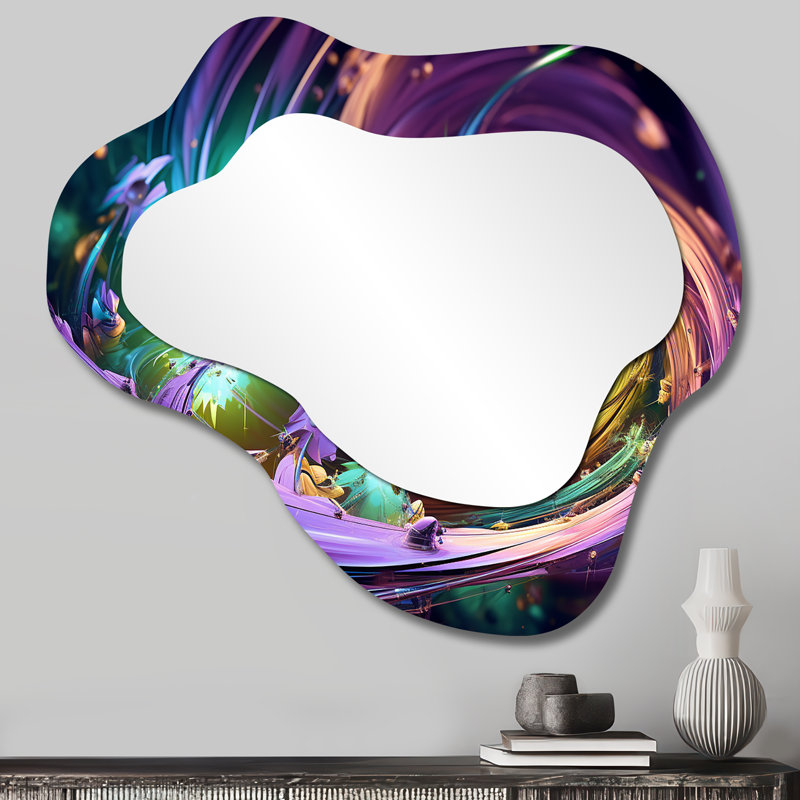 Venton Purple and green Fractal Fusion I - Fractal Asymmetrical Unique Wall Mirror, Modern Cloud Mirror, Printed Metal Art