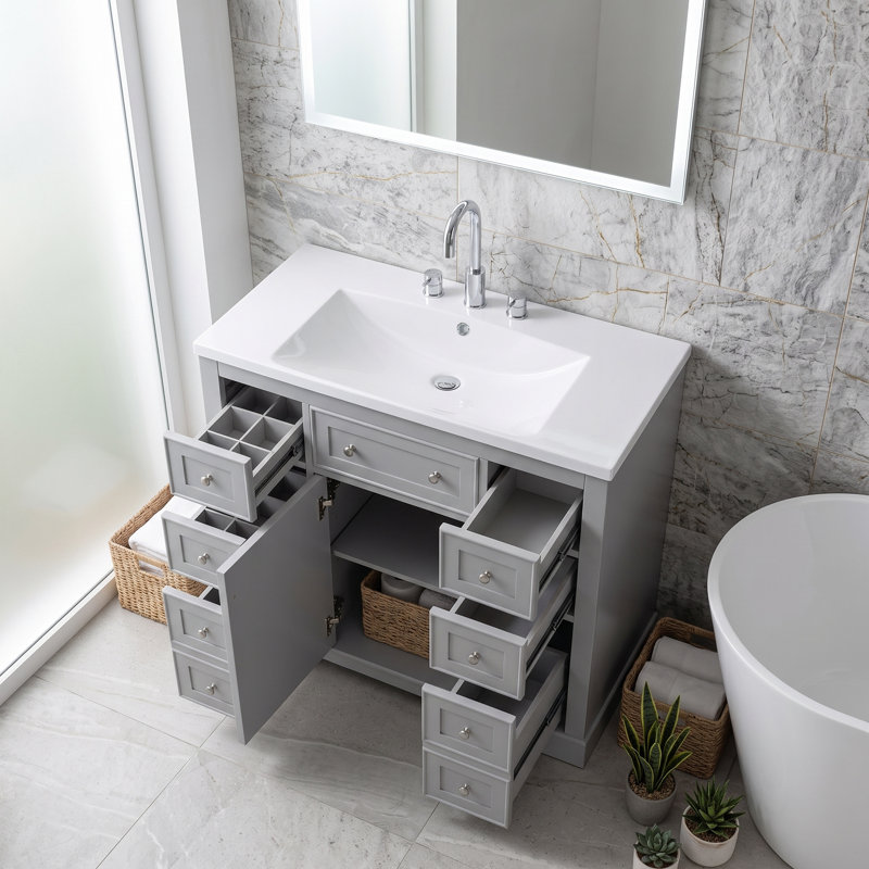 Meuble-lavabo moderne autoportant de 91 cm (36 po) en bois massif et MDF, avec lavabo en céramique intégré, 6 tiroirs, garde-robe, tablette réglable et quincaillerie complète.