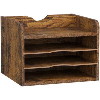 Rustic Brown 4-Tier Wood Desktop Organizer With Vertical File Compartment For Office Supplies