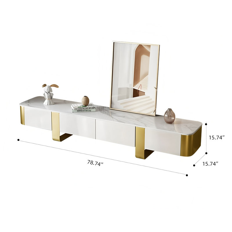 Modern 78.74" White Gloss Faux Marble TV Stand – Luxury Media Console with Burnt Stone Look, Gold Stainless Steel Legs, 4 Storage Drawers, Simple Assembly