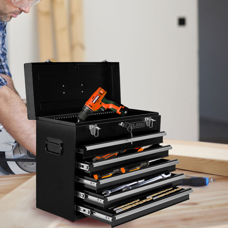 Boîte à outils 20,3 po en métal avec 5 tiroirs Boîte à outils en acier portable avec loquet en métal et serrure pour le garage, la maison et l'entrepôt (noir, 20,3 po x 8,7 po x 16 po)