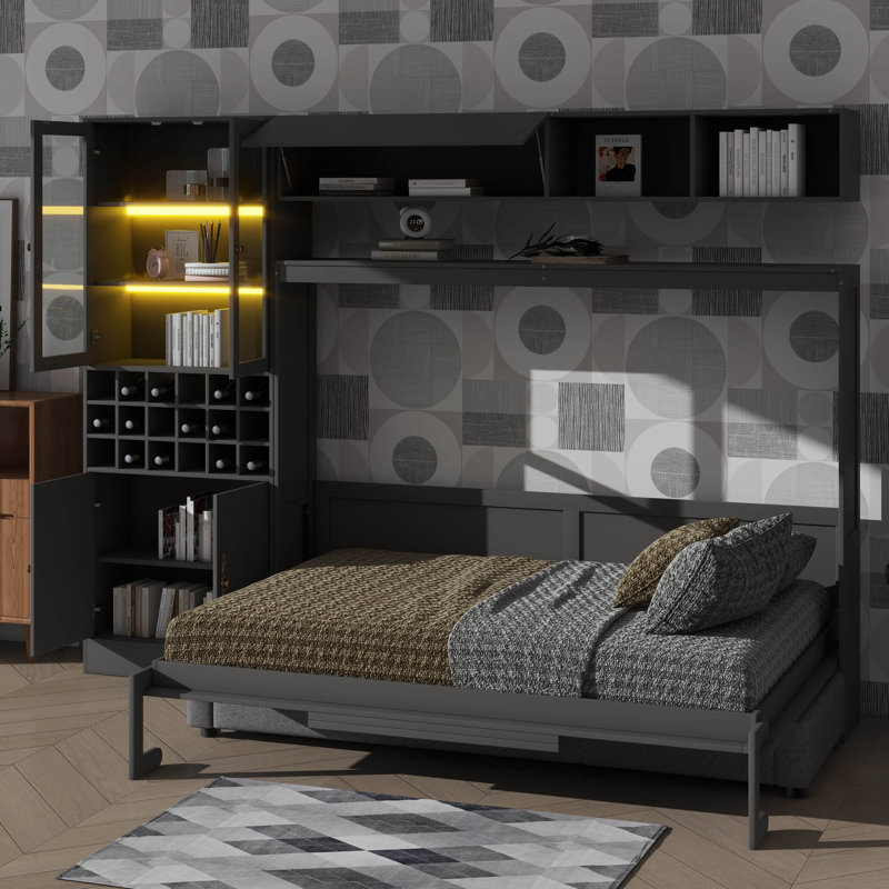Lit escamotable mural avec canapé, tablettes USB et lumière Murphy, Gris
